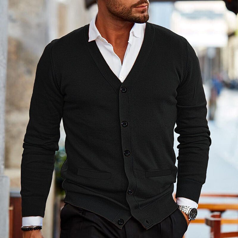 Eleganter Herren Strickpullover mit V-Ausschnitt, Knopfleiste. Komfortable Herren Mode, perfekt für kühle Tage.
