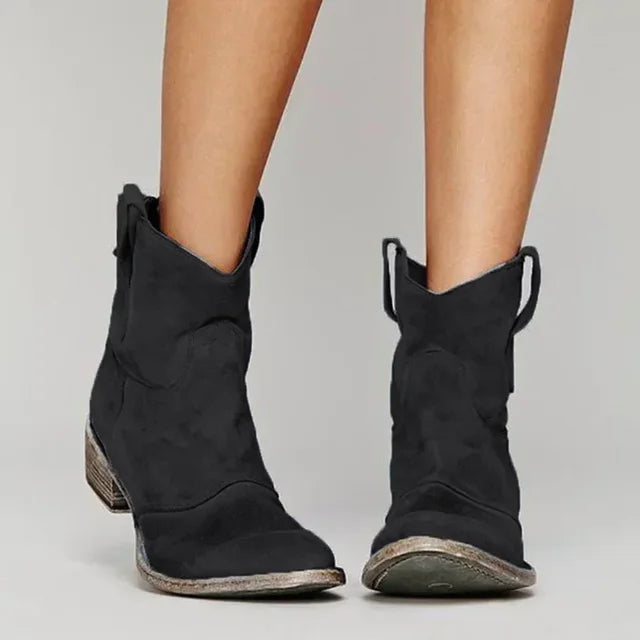 Detailansicht: Vintage Damen Western Stiefel in Schwarz mit filigranen Stickereien. Bequeme Cowboystiefel.