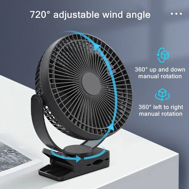 Kompakter USB Ventilator gegen Sommerhitze, mit 10000mAh Akku & Clip für sofortige Kühlung.