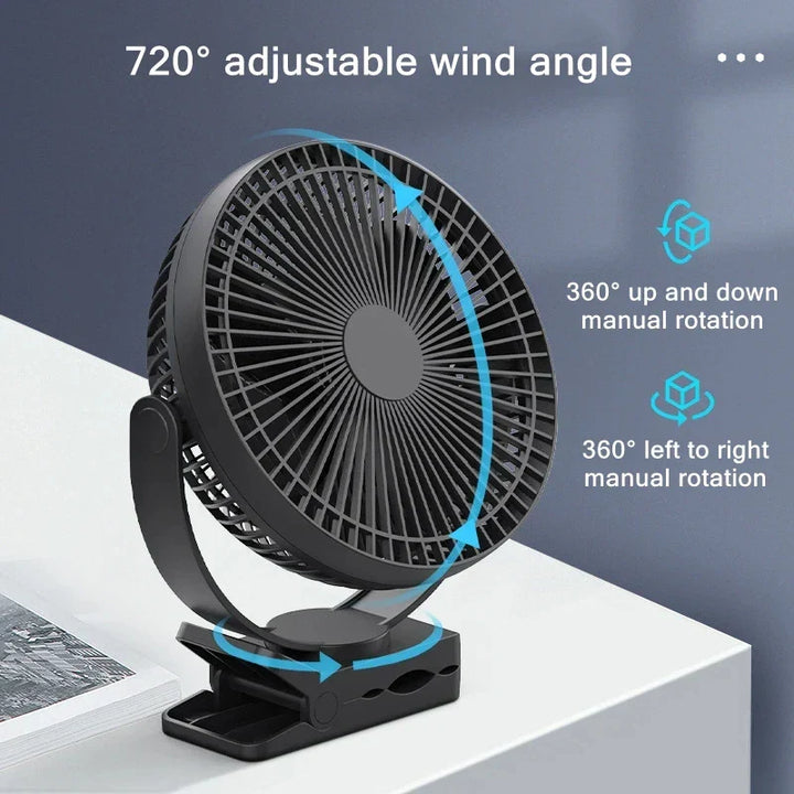 Kompakter USB Ventilator gegen Sommerhitze, mit 10000mAh Akku & Clip für sofortige Kühlung.