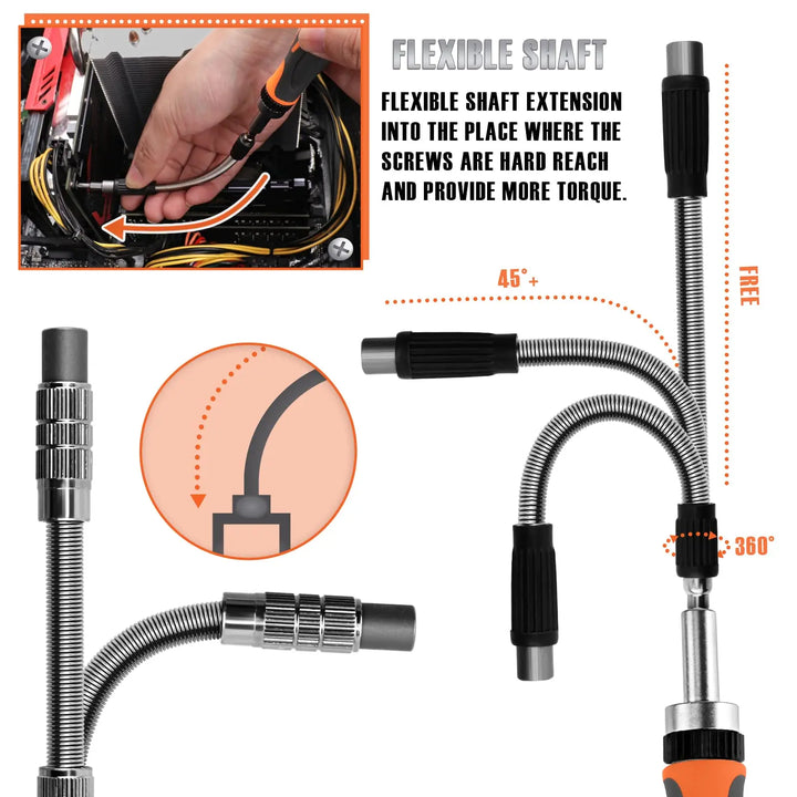 Hochwertiges 68-in-1 Handwerkzeug Set mit Ratsche, Magnetbits und Verlängerungsstange für jede Schraube.