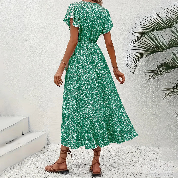 Leichtes Damen Sommerkleid mit floralem Muster, Wickel-Design, V-Ausschnitt. Perfekt für Partys.