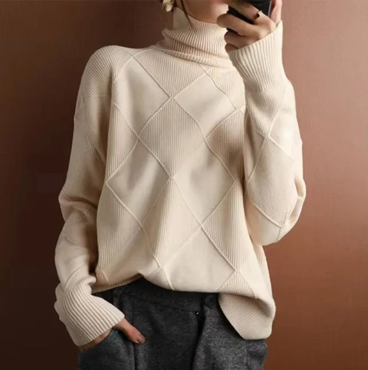 Eleganter Damen Rollkragen Strickpullover mit Rautenmuster, Langarm, ideal für Herbst & Wintermode.