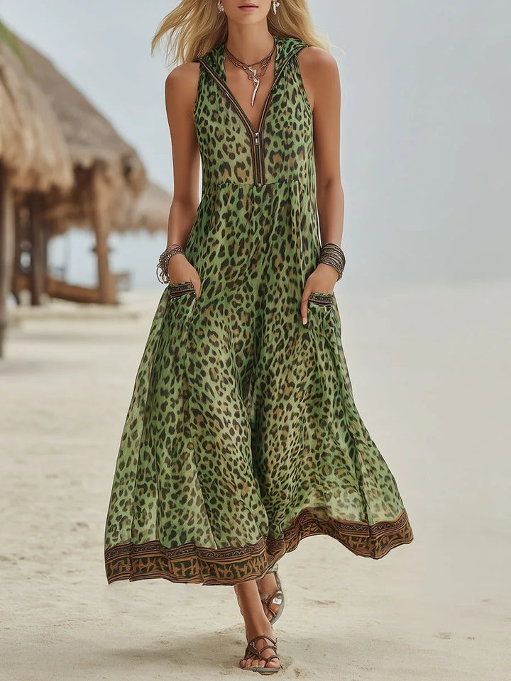 Damen Leoparden Maxikleid mit V-Ausschnitt, elegant und luftig für Sommer & Freizeit.