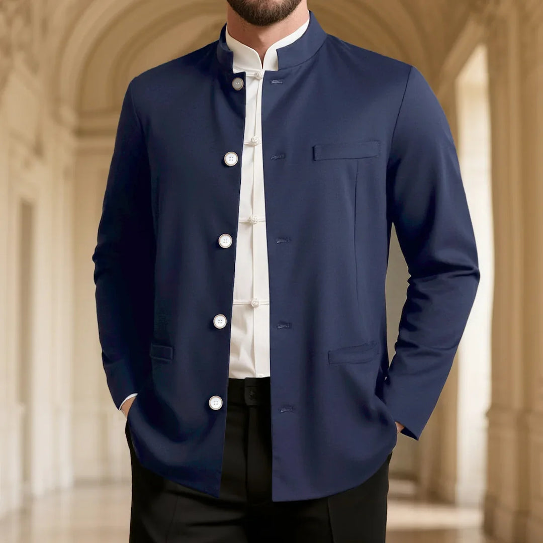 Elegante Herren Slim Fit Cheongsam Jacke. Asiatischer Stil, Stehkragen. Ideal als modische Freizeitjacke.