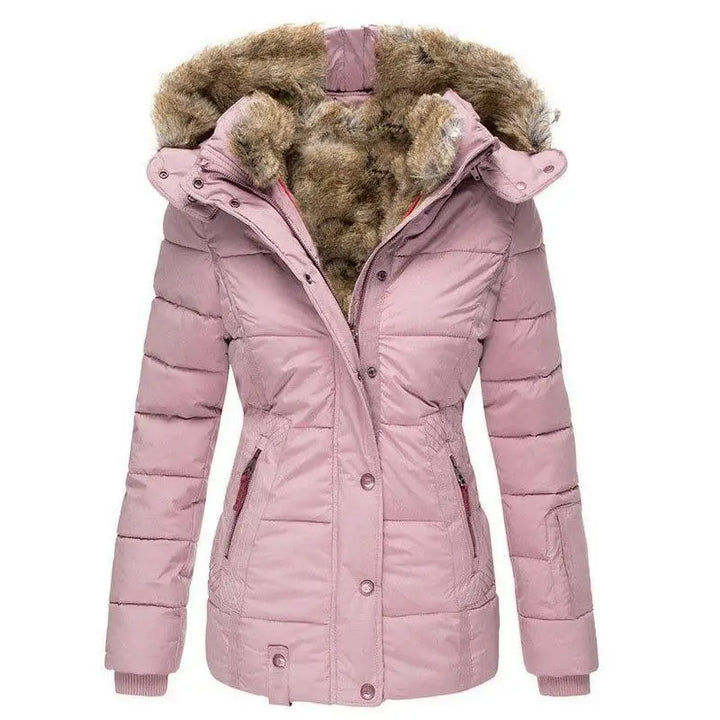 Elegante Damen Winterjacke mit Langarm und Kunstfellkragen. Taillierter Schnitt für eine modische Silhouette im Winter.
