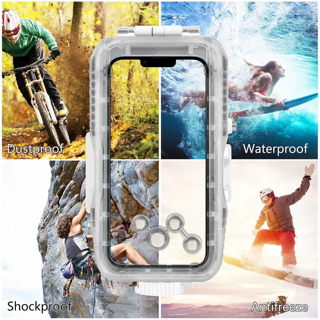 iPhone in AquaShield Tauchhülle unter Wasser. 40m Tiefenschutz & Touch-Steuerung für kristallklare Unterwasserfotos.