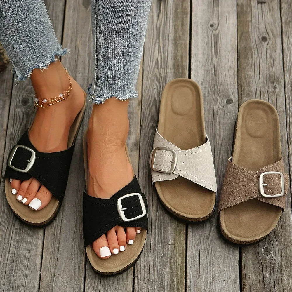 Stylische Damen Sommerschuhe: Offene, orthopädische Sandalen in Schwarz für Komfort und Fußgesundheit.