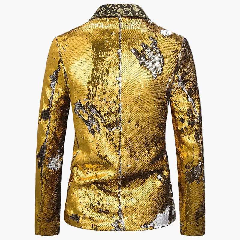 Elegantes Herren Pailletten Sakko in Schwarz, funkelnder Blazer für einen glamourösen Auftritt.