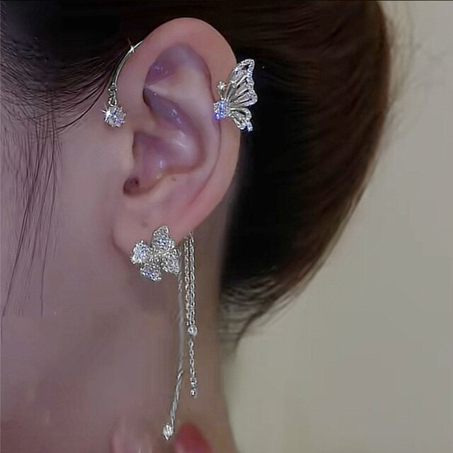 Piercingfreie Schmetterlings-Ohrmanschette in Silber, funkelnder Zirkonia-Ohrclip für Damen.