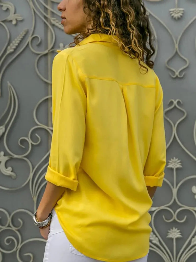 Klassische Langarm Hemdbluse Damen mit V-Ausschnitt, eleganter Schnitt für Business & Casual.