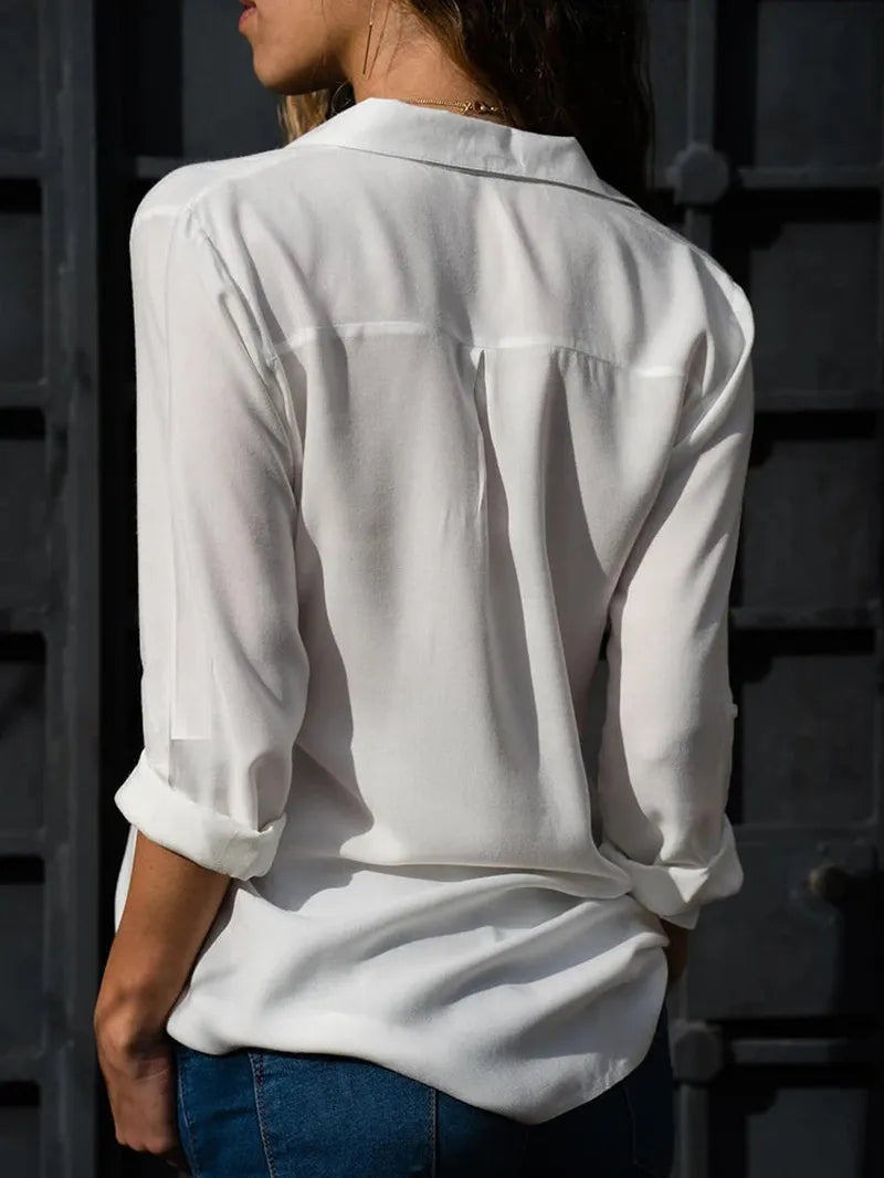 Zeitlose Damen V-Ausschnitt Bluse mit Langarm, elegant & bequem für Büro, Business & Freizeit.