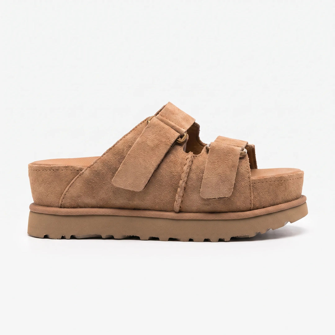 Moderne Plateau Pantoletten für Damen: bequeme Slip-On Sandalen mit hoher Sohle & verstellbaren Riemen für Komfort.