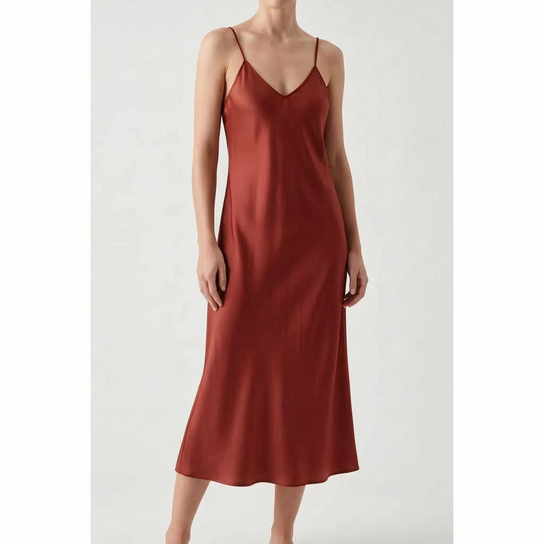 Elegantes Damen Midikleid in schimmernder Satinoptik, V-Ausschnitt. Perfektes Partykleid mit Spaghettiträgern.