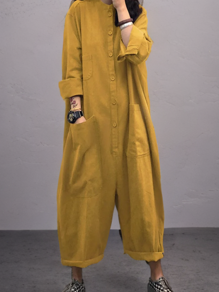 Damen Oversized Leinen-Baumwolle Jumpsuit mit langen Ärmeln. Bequem, lässig & stilvoll für Freizeit & Alltag.