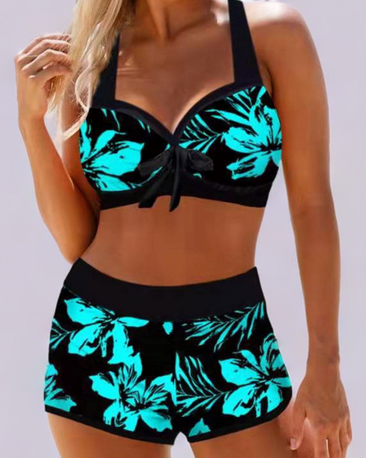 Figurbetonter Damen High Waist Badeanzug mit elegantem floralem Muster, ideal für Strand und Pool.