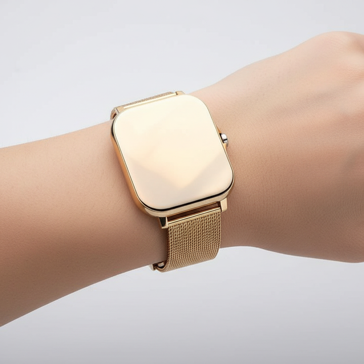 Silberne Smartwatch StyleTrack mit Gesundheitsfunktionen am weiblichen Handgelenk.