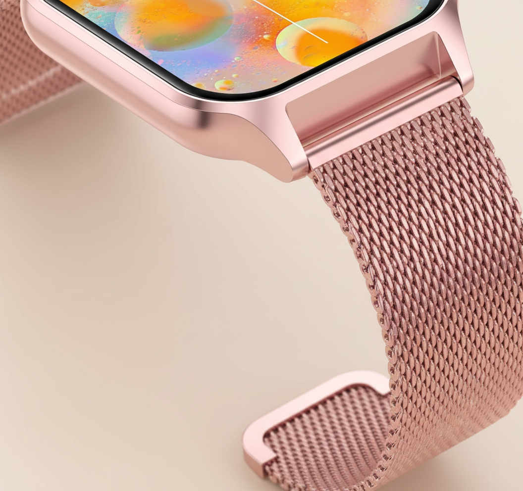 Rosa Smartwatch StyleTrack am Handgelenk: Misst Herzfrequenz präzise beim Sport.