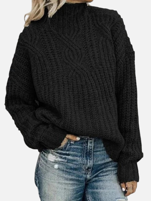 Damen Kabelstrickpullover mit hohem Kragen und elegantem Zopfmuster für winterliche Wärme.