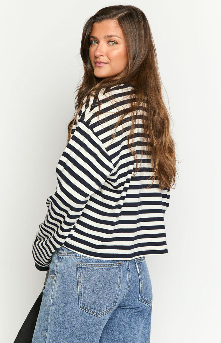 Damen Langarmshirt gestreift, atmungsaktiver Stoff, lockere Passform, perfekt für den Frühling.