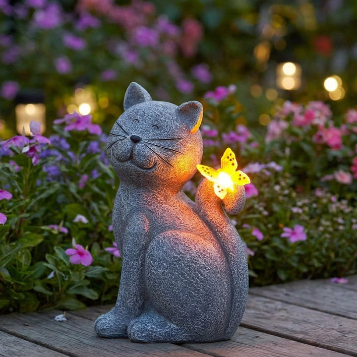Handbemalte Solar Gartenfigur Katze mit LED-Licht, wetterfest für zauberhafte Gartenbeleuchtung außen.
