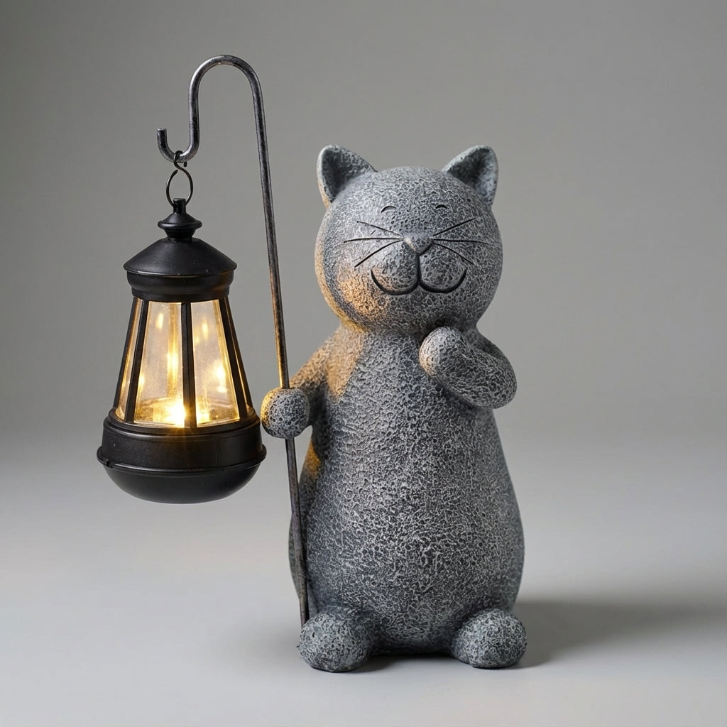 Solar Gartenfigur Katze "Glimmerpaws" handbemalt, wetterfest, sorgt für magische LED-Gartenbeleuchtung außen.