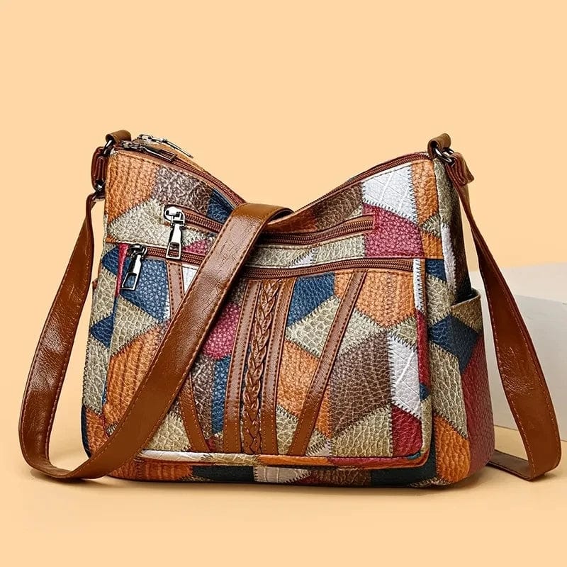 Braune Damen Patchwork Umhängetasche aus Kunstleder, elegant und vielseitig für den Alltag.