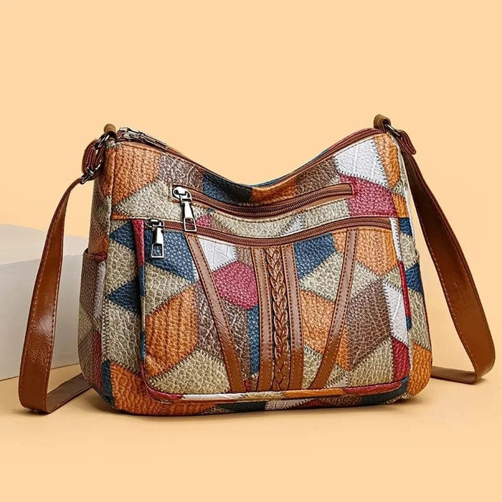 Elegante Damen Patchwork Schultertasche in Braun aus hochwertigem Kunstleder, vielseitig tragbar.