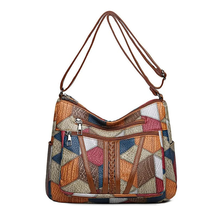 Elegante braune Patchwork Kunstleder Umhängetasche für Damen, passendes Damen Accessoire.