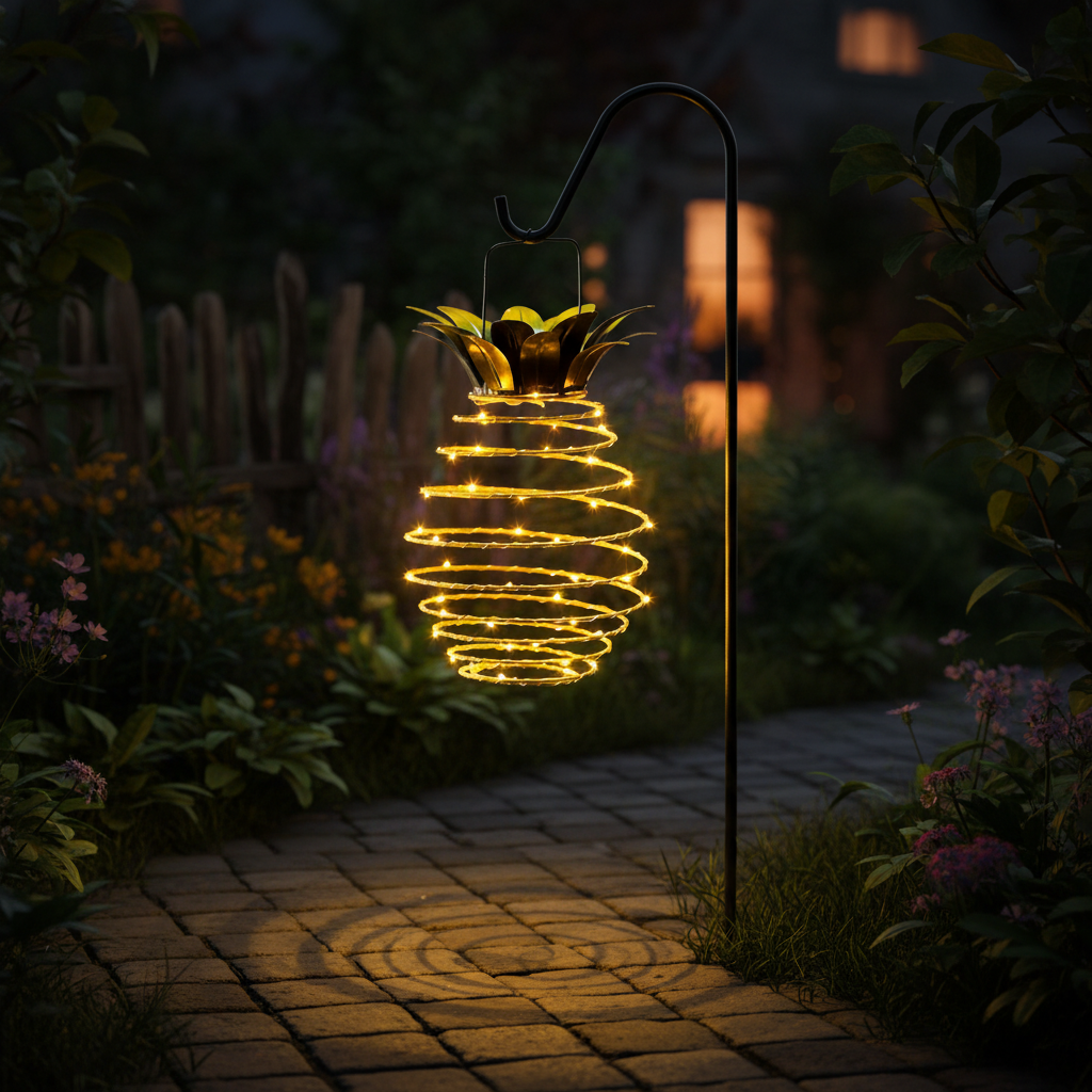 Dekorative Ananas-Solarleuchte GlowPine für Terrasse & Garten. Energieeffiziente LED-Außenbeleuchtung, einfache Installation.