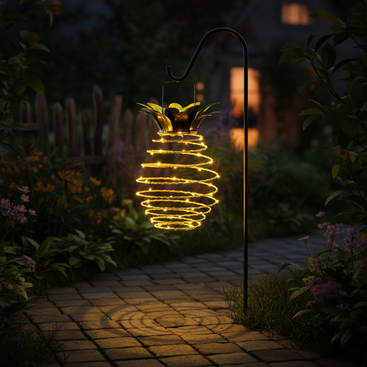 Dekorative Ananas-Solarleuchte GlowPine für Terrasse & Garten. Energieeffiziente LED-Außenbeleuchtung, einfache Installation.