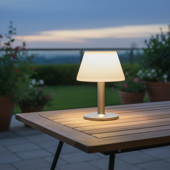 Solar-Tischlaterne GlowGarden für Garten, Balkon & Terrasse. Wetterfeste Außenleuchte mit stimmungsvollem Licht.
