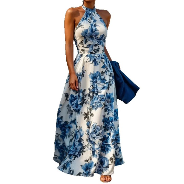 Damen Urlaubskleid: Ärmelloses Maxikleid mit elegantem Blumendruck, fließendem Stoff, ideal für heiße Sommertage.