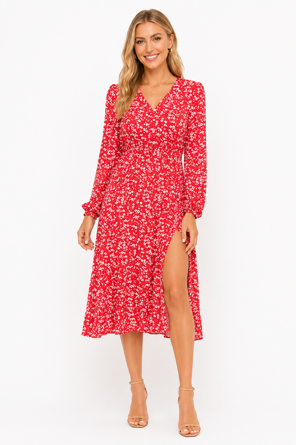 Rotes Damen Maxikleid mit elegantem Blumenmuster, Kragen und 3/4 Ärmeln für den Sommer.