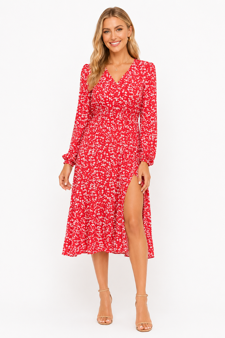Rotes Damen Maxikleid mit elegantem Blumenmuster, Kragen und 3/4 Ärmeln für den Sommer.