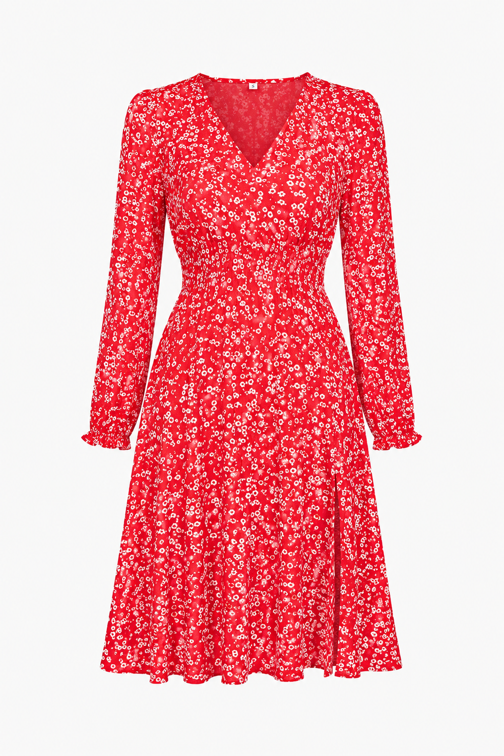 Elegantes rotes A-Linien Sommer Maxikleid mit floralem Muster und klassischem Kragen.