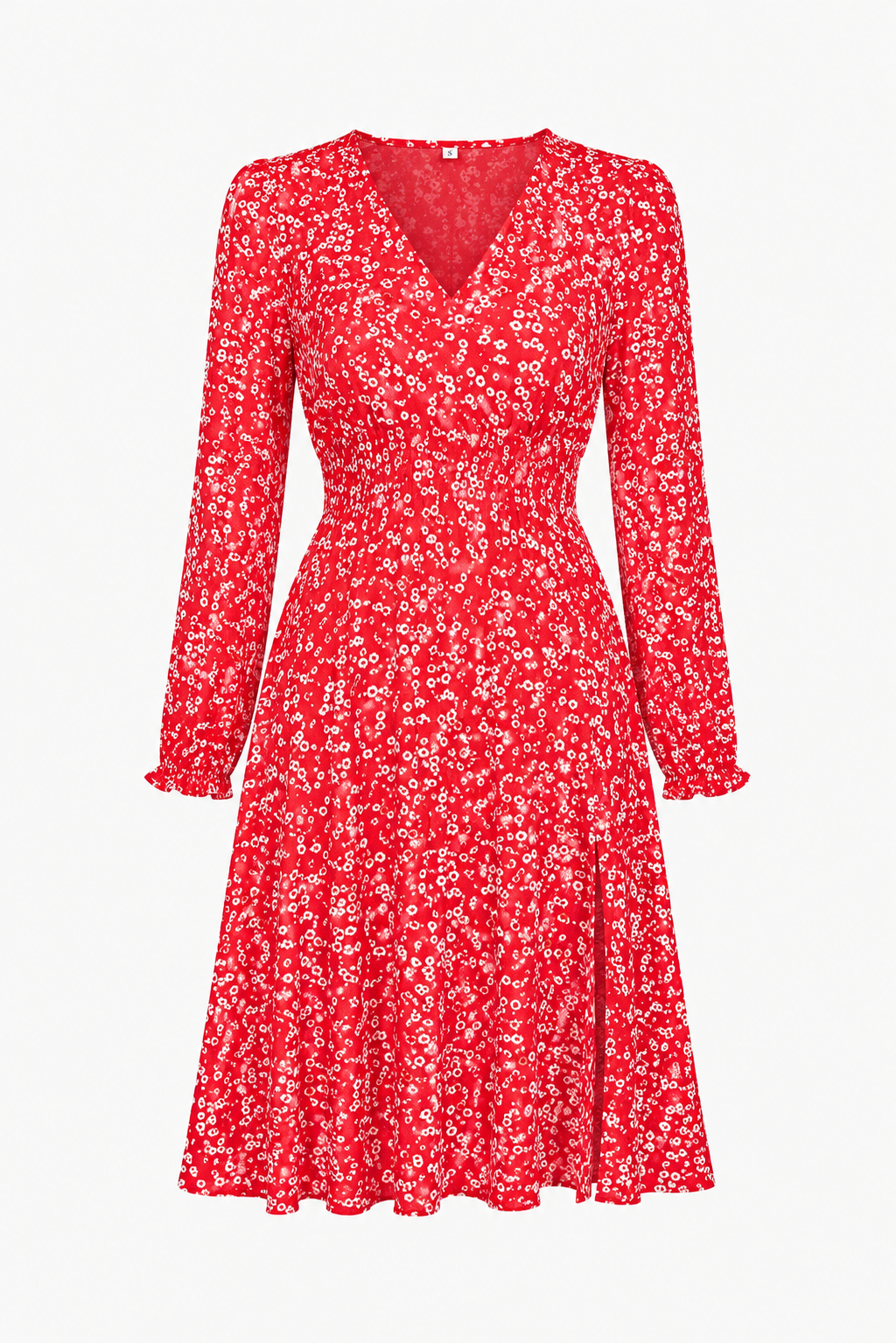 Elegantes rotes A-Linien Sommer Maxikleid mit floralem Muster und klassischem Kragen.