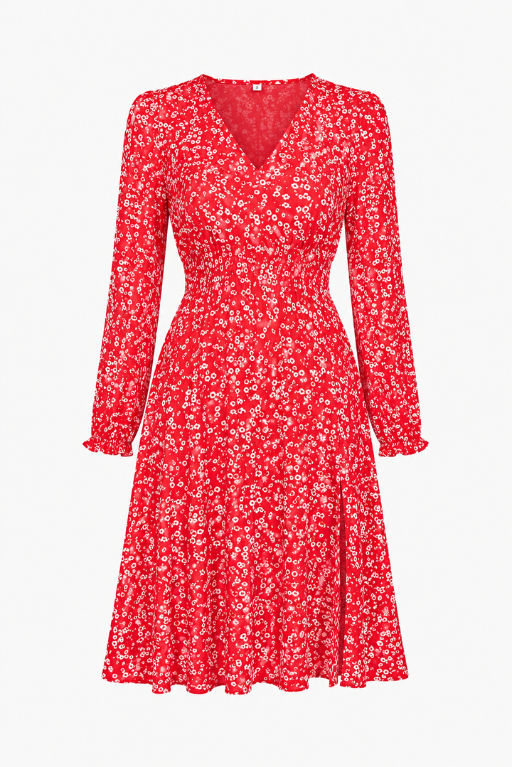 Elegantes rotes A-Linien Sommer Maxikleid mit floralem Muster und klassischem Kragen.