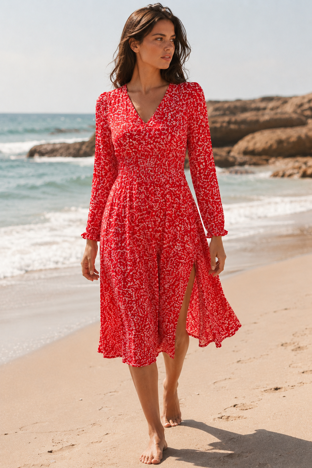 Langes rotes Damen Freizeitkleid in A-Linie, mit Blumenmuster, Kragen und bequemen 3/4 Ärmeln.
