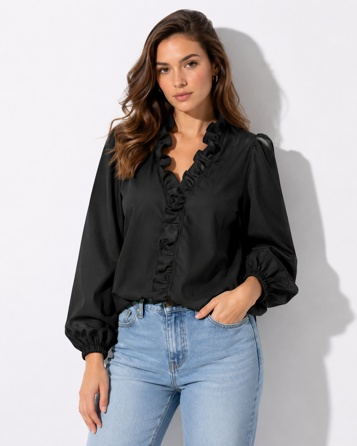 Modische Damen Rüschenbluse Langarm, elegant fallend. Vielseitige Sommerbluse für Büro, Freizeit & Komfort.