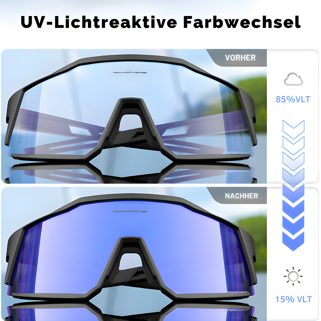 Radfahrer trägt photochrome Unisex Sonnenbrille mit UV-Schutz, perfekt für Rennrad & Outdoor.