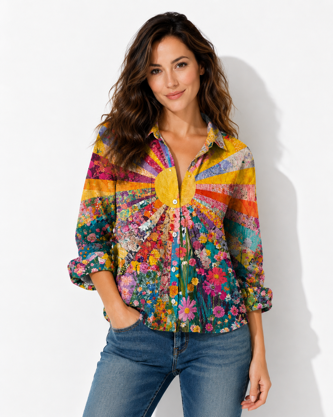 Mehrfarbiges Damen Langarm Hemd mit elegantem Vintage Blumenmuster, entspannte Passform für Frühling & Sommer.