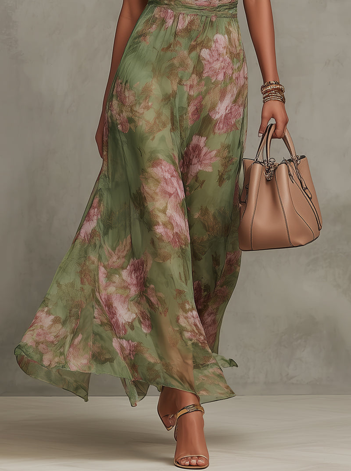 Festliches grünes Blumenprint Maxikleid für Damen, mit Neckholder. Ideal als elegantes Urlaubs- oder Partykleid.