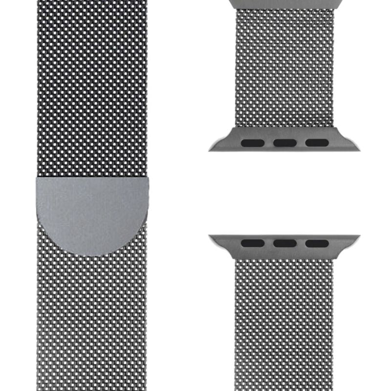 Silbernes Milanaise Armband für Apple Watch, betont die Eleganz der Uhr.