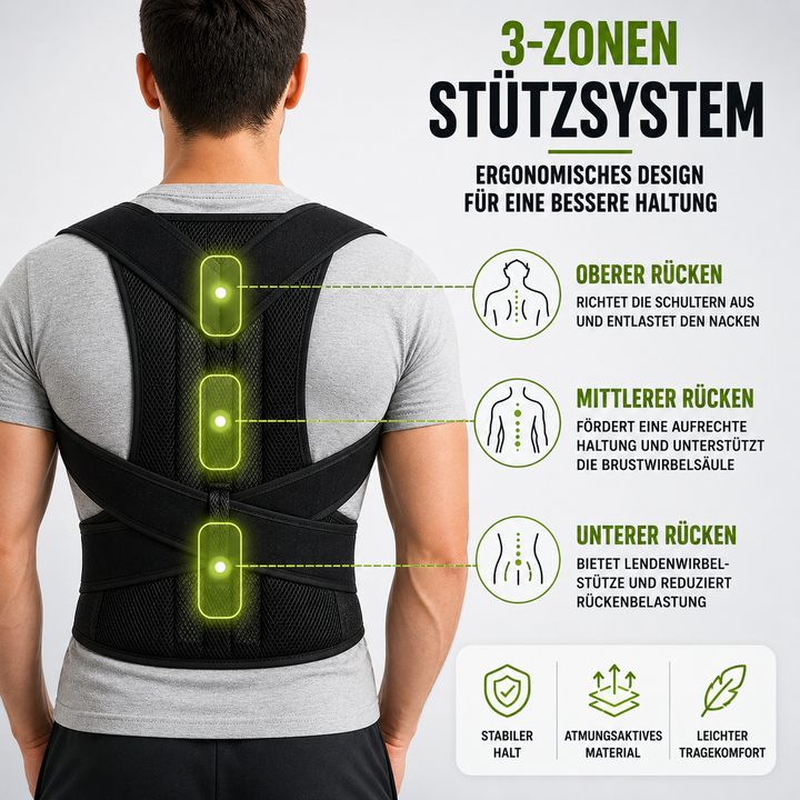 Komfortable Rückenstütze zur Schmerzlinderung und Haltungsverbesserung, atmungsaktiv.