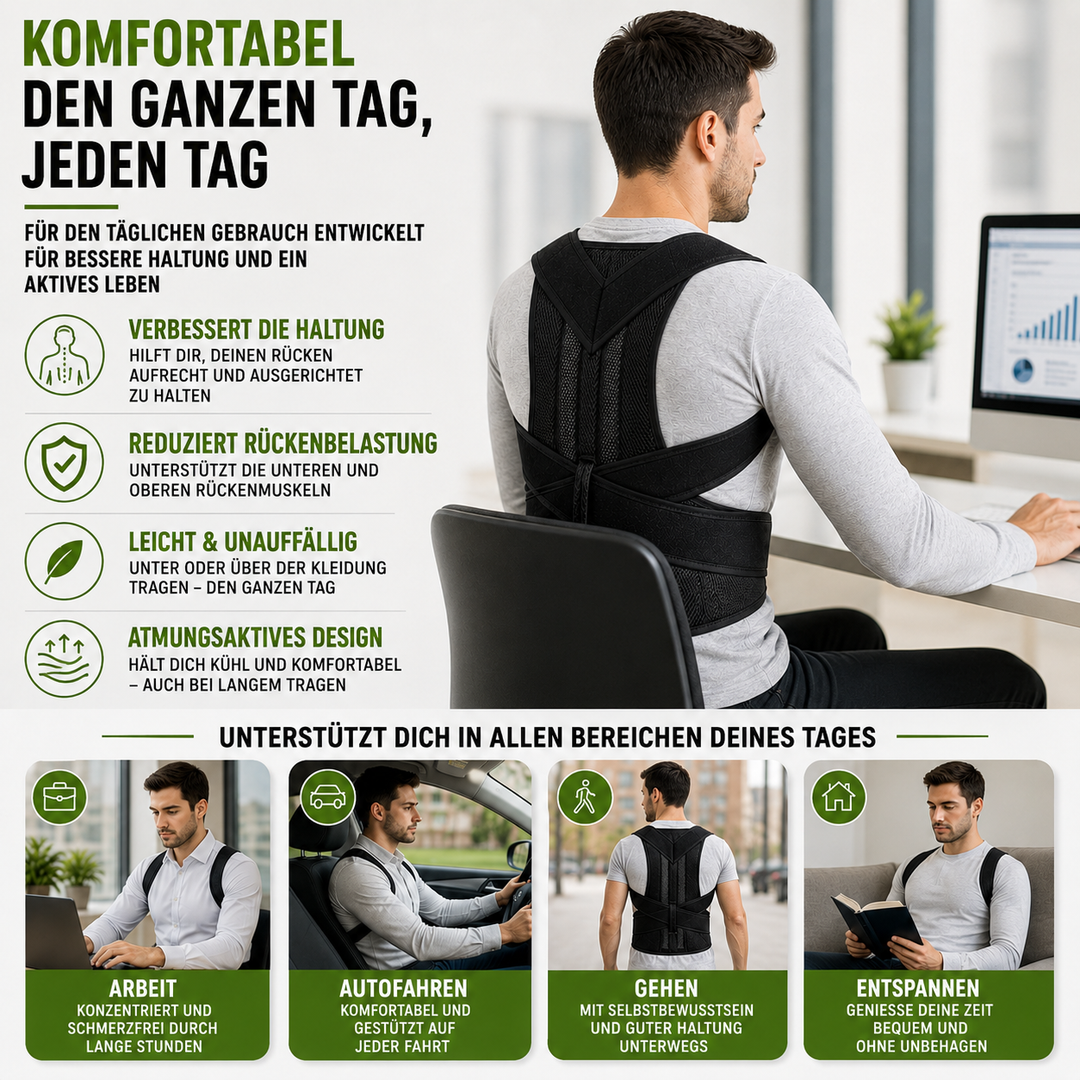 Verstellbare, atmungsaktive Rückenstütze aus Polyester für Haltungsverbesserung und Komfort.