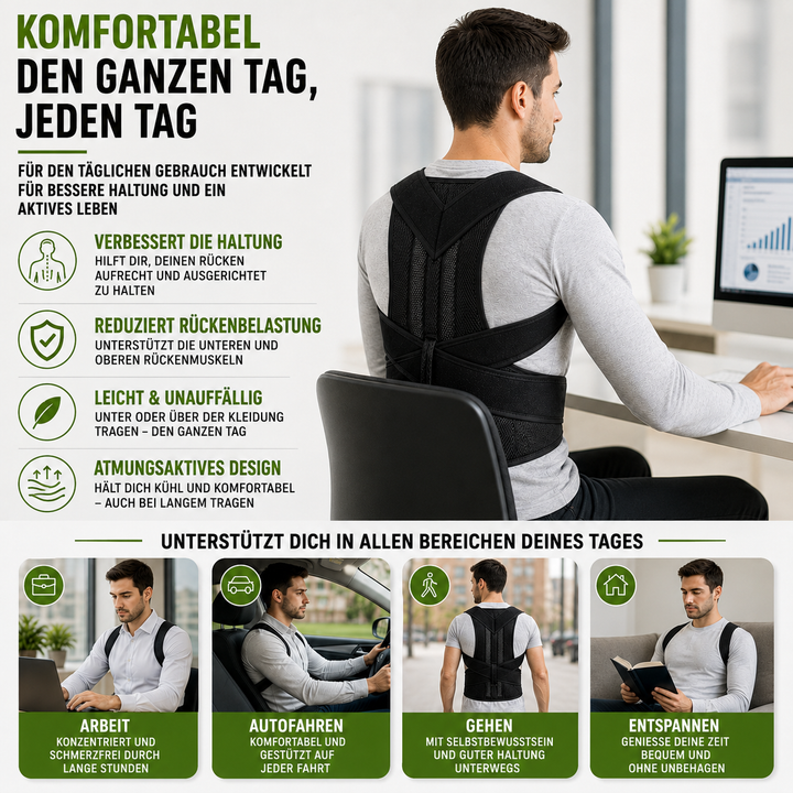 Verstellbare, atmungsaktive Rückenstütze aus Polyester für Haltungsverbesserung und Komfort.