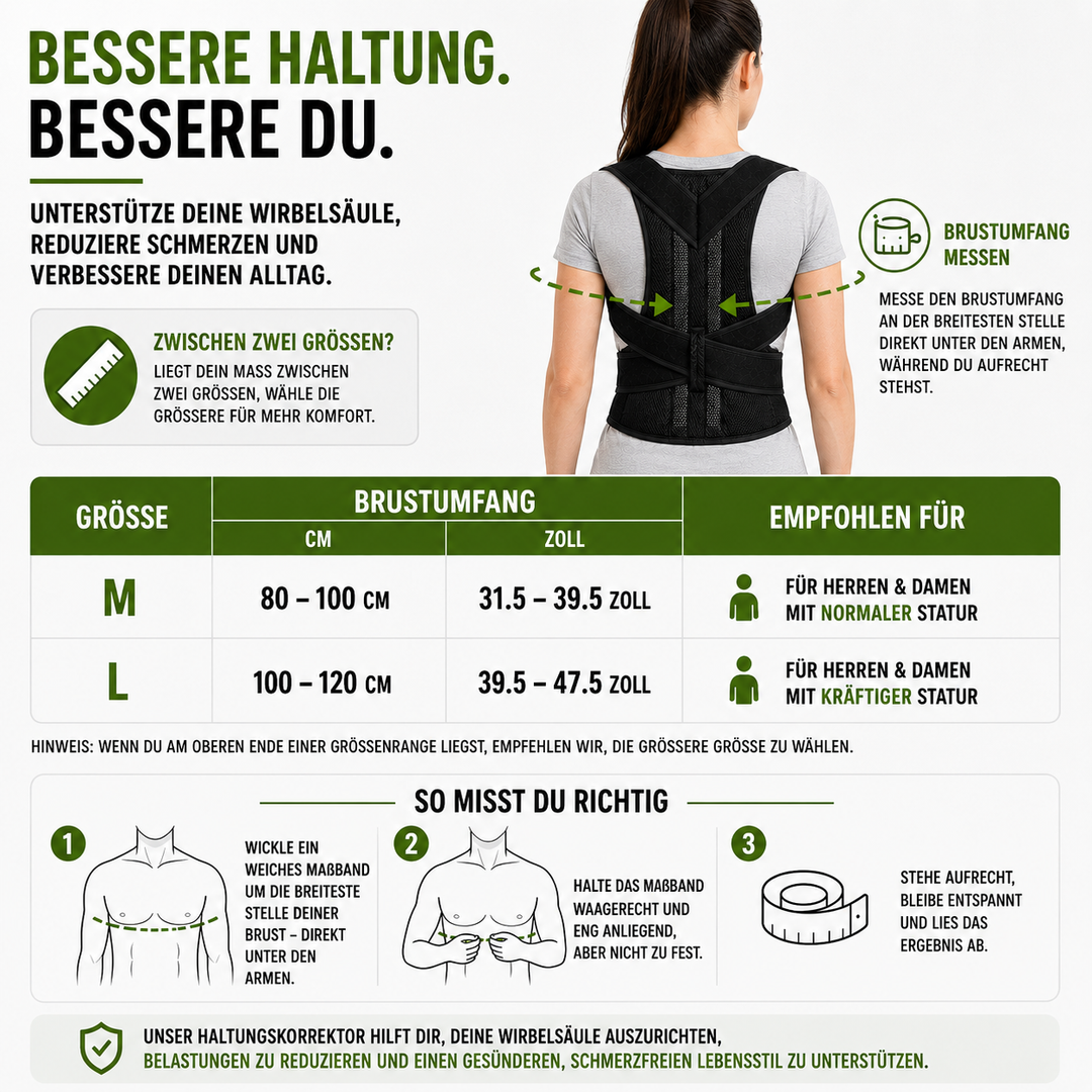 Rückenstütze, verstellbar, zur Linderung von Rückenschmerzen und Haltungskorrektur.