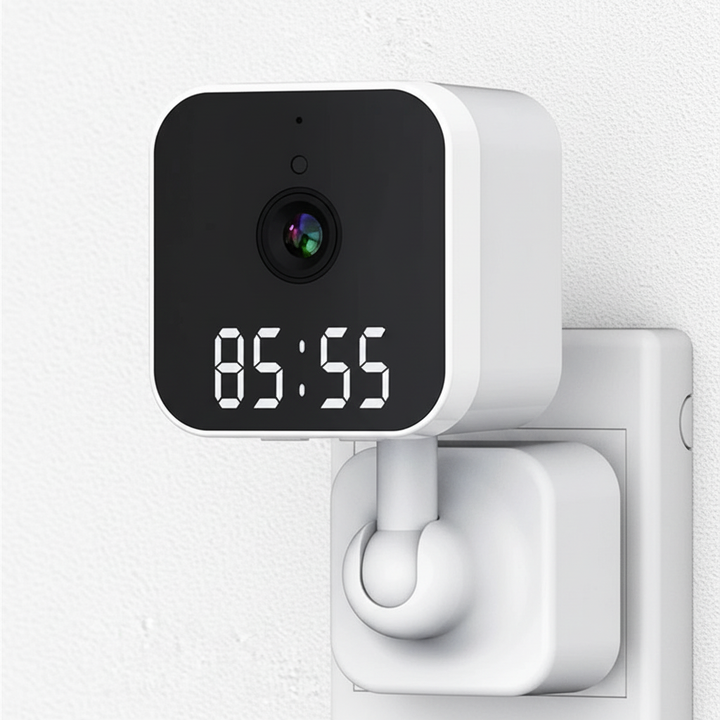 Steckbare digitale Uhrkamera, ideal als Minikamera zur diskreten Überwachung. Smarte WLAN-Kamera für Ihr Zuhause.