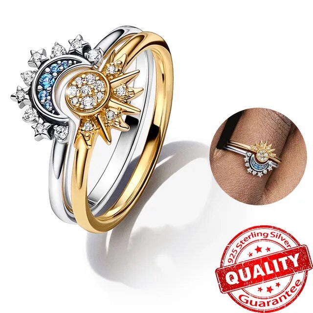 Zeitloser Damenring: Sterlingsilber mit einzigartigem Sonne & Mond Design und Kristallglanz.